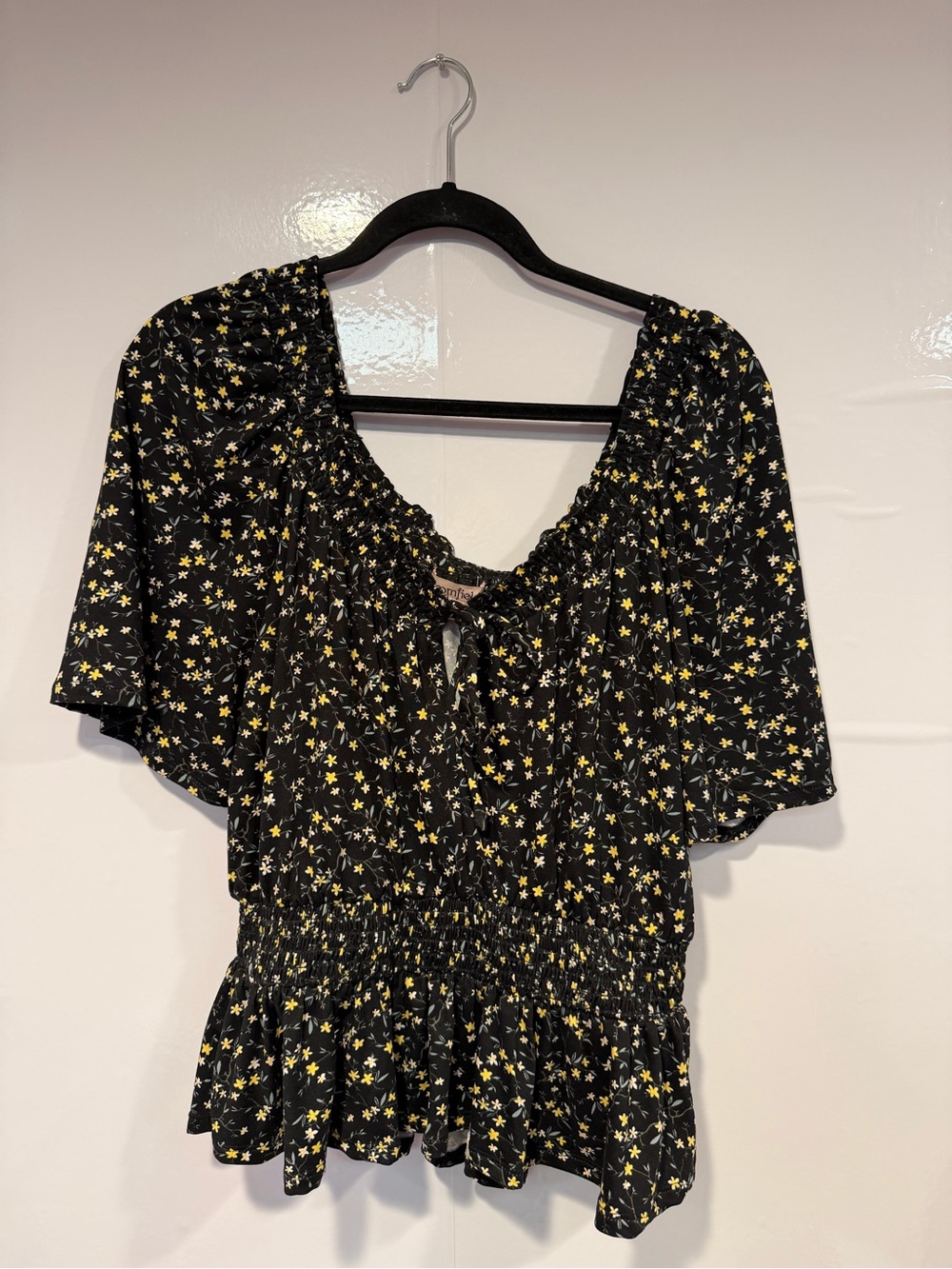 Bloomfield Womens Black Yellow Floral Smocked Peasant Top Flutter Sleeve XL